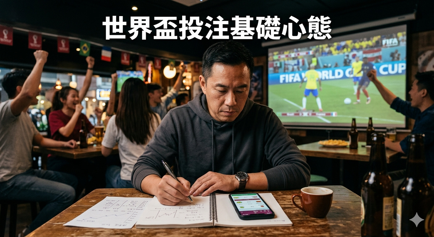 這是一張描繪一名男子在喧鬧的酒吧中專注於分析比賽數據的圖像。 圖像上方標示著「世界盃投注基礎心態」，強調在投注時保持冷靜與理性的重要性。