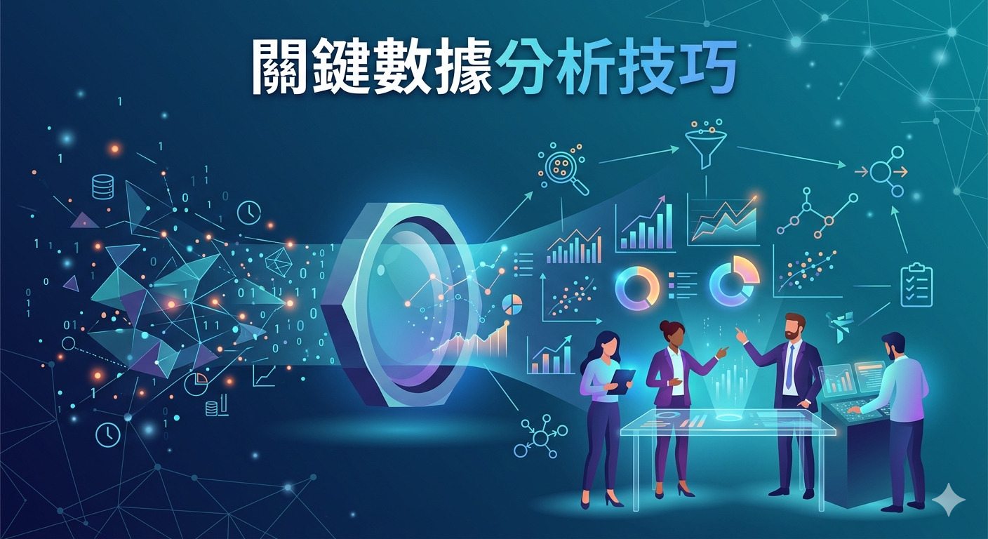 這張圖片展示了一組專業團隊正在運用現代科技進行數據分析與決策。 背景融合了數據流動的視覺效果,突顯出「關鍵數據分析技巧」這一主題。