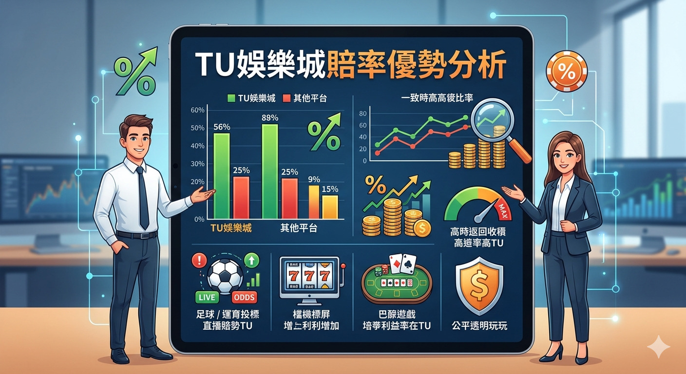 這張圖片展示了專業分析師介紹 TU 娛樂城的賠率優勢,透過數據圖表呈現其在市場競爭中的高回報率。 畫面以現代科技感的顯示器為核心,結合足球、拉霸機與巴accarat等元素,強調平台公平透明且獲利豐厚的特性。