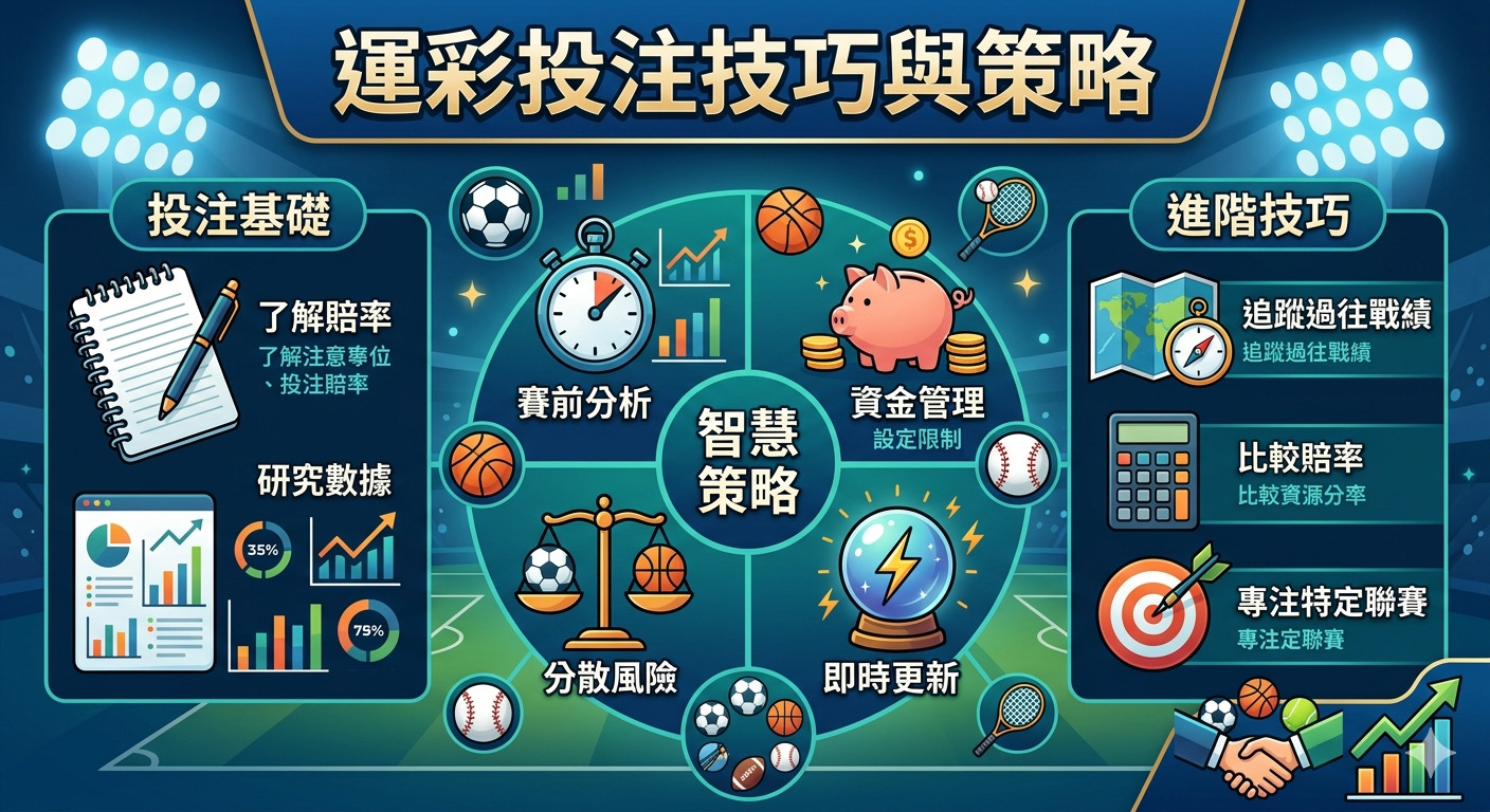 這張圖片以「運彩投注技巧與策略」為標題,展示了體育博彩的數據分析、賽前研究與資金管理等核心概念。 整體設計採用現代資訊圖表風格,將各項策略要素系統化呈現,旨在為投注者提供清晰的戰略指引。