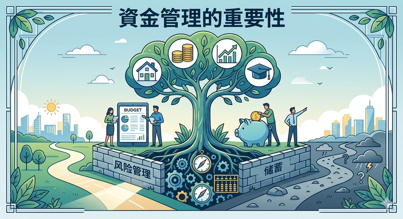這張圖片以「資金管理的重要性」為主題,描繪了透過預算規劃與風險管理,讓個人財務成長並邁向穩定未來。 畫面左側代表規劃完善的明亮道路,右側則隱喻未經管理的混亂風險,展現出理財對生活品質的關鍵影響。