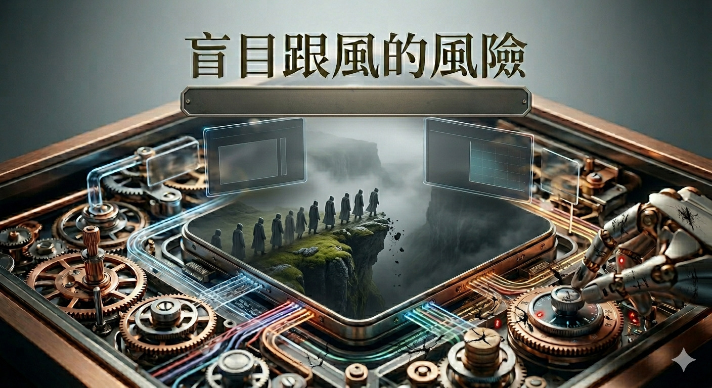這張圖片展示了一台精密的機械裝置,象徵著缺乏獨立思考的跟風風險。 透過擬人化的機械手操作,隱喻了盲目追隨群體導致資金管理失控的嚴峻現實。