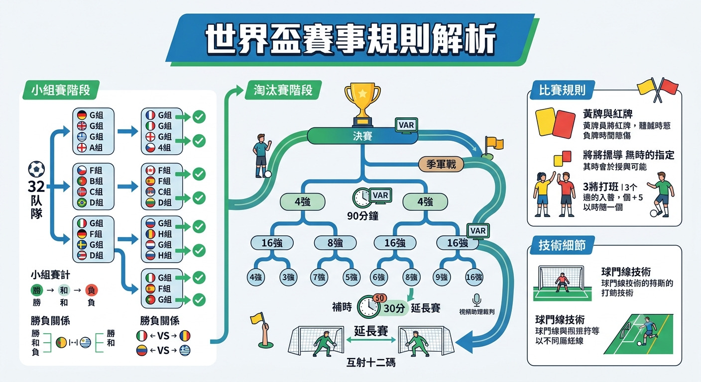 這張資訊圖表清晰解析了世界盃賽事規則，從分組賽到淘汰賽的晉級流程一目瞭然。 圖中詳細說明了比賽時間、VAR技術應用、紅黃牌判罰及替換球員等重要賽制細節。