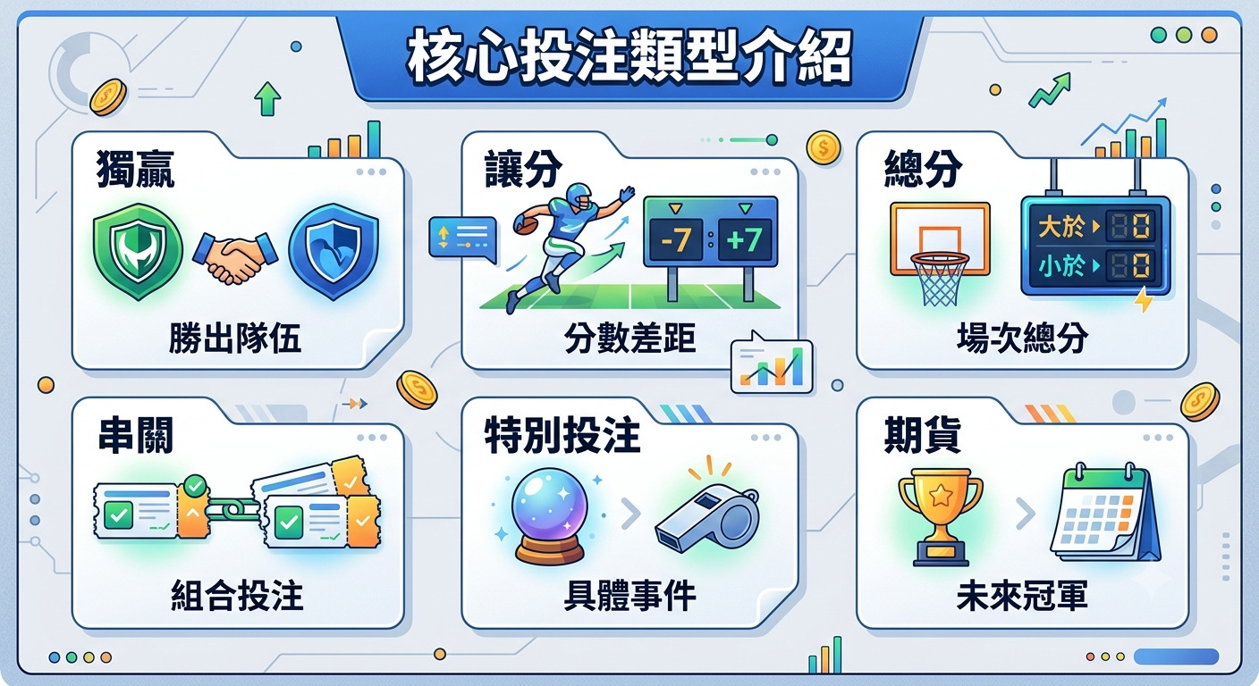 這張圖片以清晰的資訊圖表形式展示了「核心投注類型介紹」，並透過生動的圖示說明了勝負、讓分、總分、串關、特別投注與期貨等常見的體育賽事投注方式。設計風格簡約專業，方便觀眾快速理解不同投注類型的核心運作邏輯。