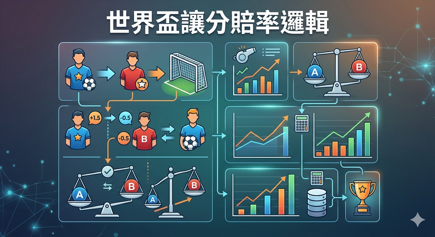 這張圖片以「世界盃讓分賠率邏輯」為標題,透過圖表與插畫呈現讓分機制的運作方式。 畫面展示了球員、平衡天平、數據圖表及獎盃,清晰地說明了賠率計算的數據分析與平衡邏輯。