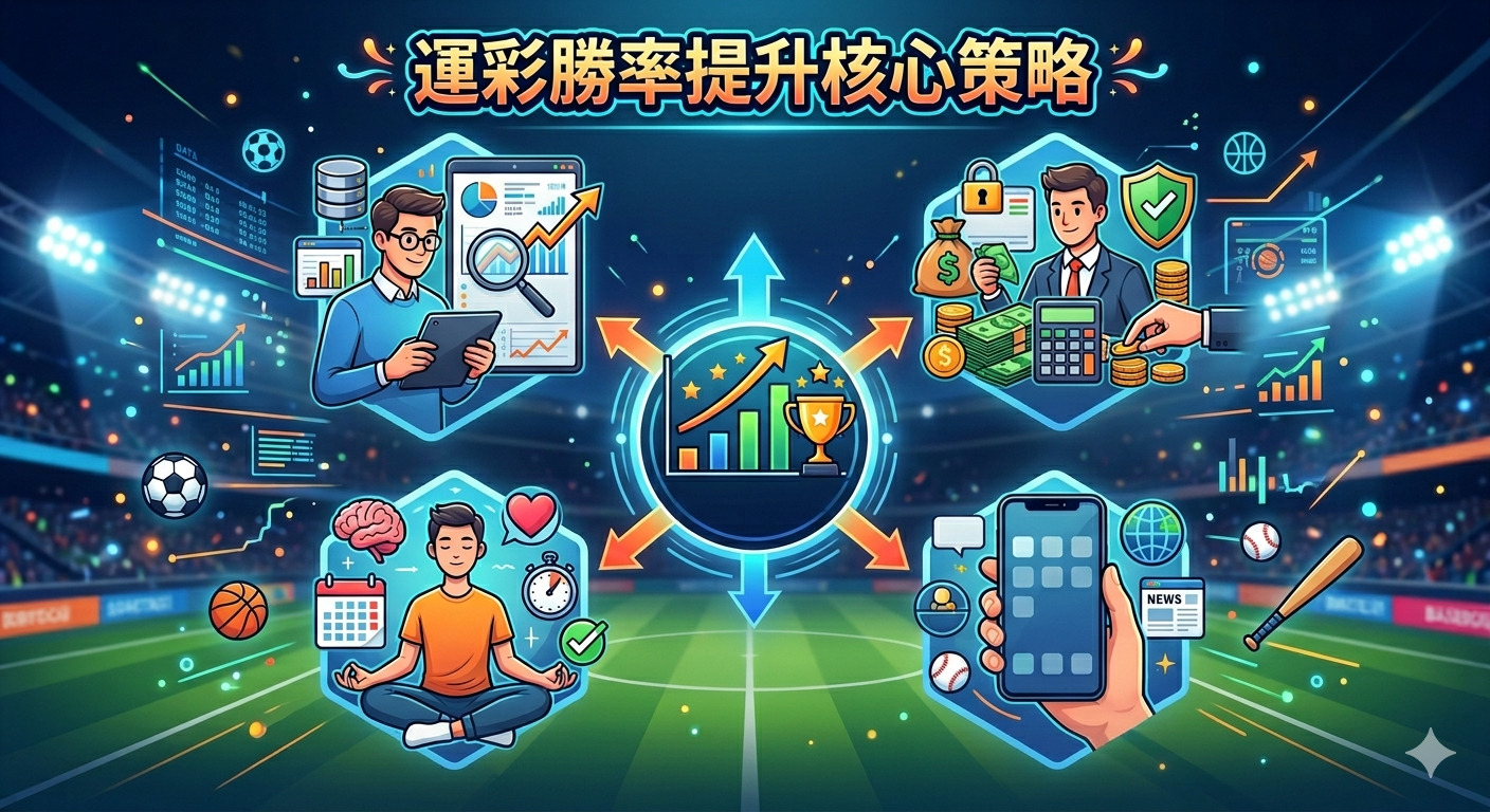 這張圖片展示了運彩勝率提升的核心策略,透過數據分析、風險管理、心態控制與即時資訊整合,為投注者提供專業的視覺化指引。 圖片整體風格呈現現代科技感,背景為體育場,以多個六邊形資訊框清晰呈現各項關鍵要素,並將標題置於上方作為視覺焦點。