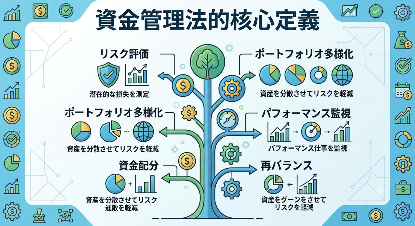 這張圖表以「資金管理法的核心定義」為標題,並透過樹狀結構呈現資產配置、風險評估與績效監控等財務管理概念。 圖中運用圖示與簡潔的排版,清楚展示了分散投資與系統化監控如何協助降低風險並優化財務表現。