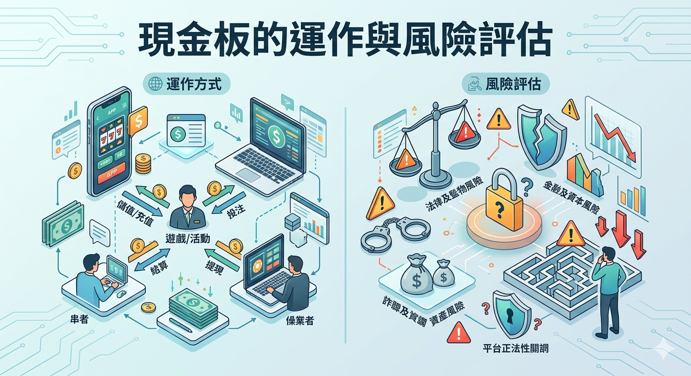 這張圖片展示了「現金版」的運作模式與風險評估,左側圖解資金流動與平台互動,右側則分析法律、金融及資產安全等潛在風險。 透過對比式的視覺設計,該圖呈現了現金版博弈產業的架構與其背後複雜的危險因素。