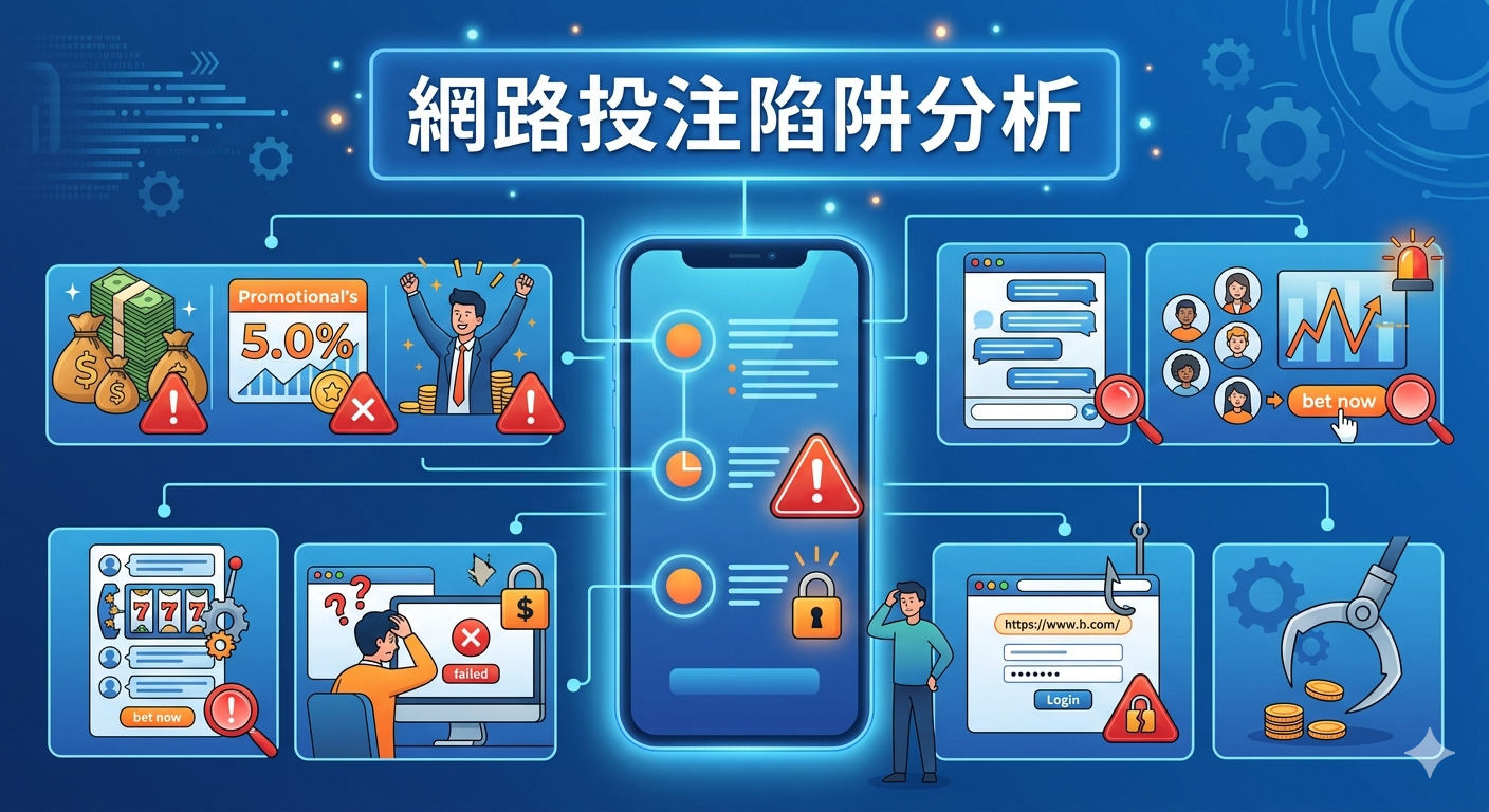 這張圖片透過視覺化的資訊圖表,深入分析了線上博弈的常見詐騙手段與陷阱。 中心的手機螢幕與周圍的圖示說明了虛假宣傳、釣魚網站及個資風險,提醒用戶提高警覺。