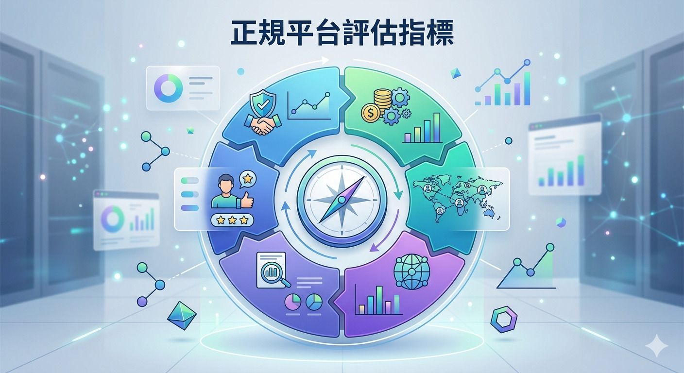 這張圖片以「正規平台評估指標」為標題，中心呈現了一個象徵方向的羅盤，四周環繞著代表數據分析、全球連結與專業評估的圖示。 整體設計採用科技感的藍紫色調，背景結合了數位伺服器與圖表元素，專業地傳達出平台評估與審核的核心概念。
