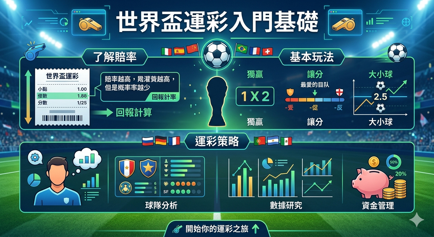 這是一張關於「世界盃運彩入門基礎」的教學圖表，以清晰的數據與視覺化風格呈現賠率、玩法及策略分析。 圖中將運彩核心概念拆解為不同板塊，協助新手理解球隊分析、資金管理以及各種投注基礎知識。