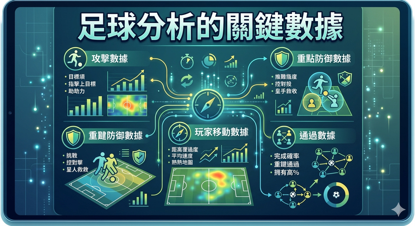 這張圖片以科技感風格呈現了「足球分析的關鍵數據」標題，並圍繞該主題展示了攻擊、防禦、球員移動與傳球等數據分析圖表。 整體設計採用數據視覺化界面，將足球場上的各項戰術指標與統計圖表進行了系統性的整合規劃。